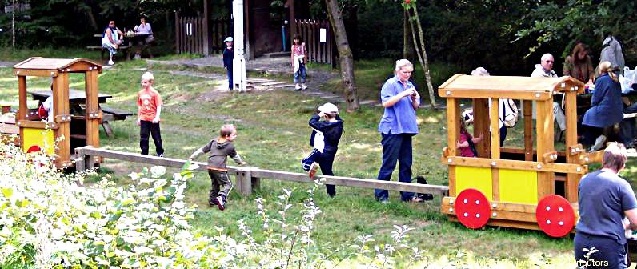 A group of children playing in the playground with their families