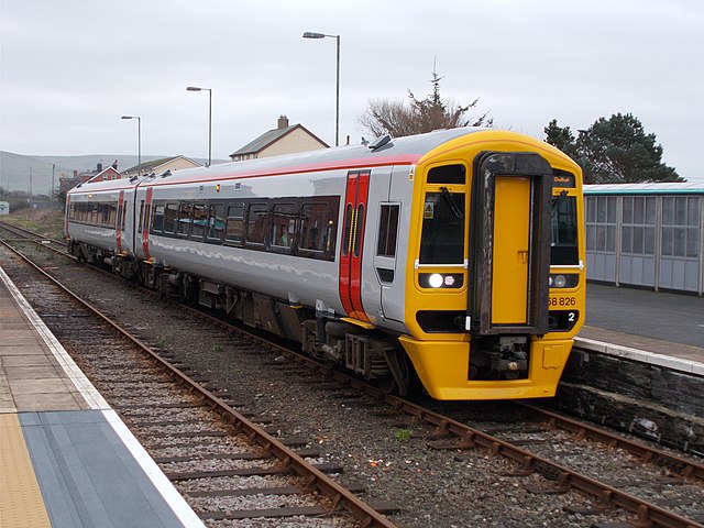 A Transport for Wales train in Tywyn mainline station.