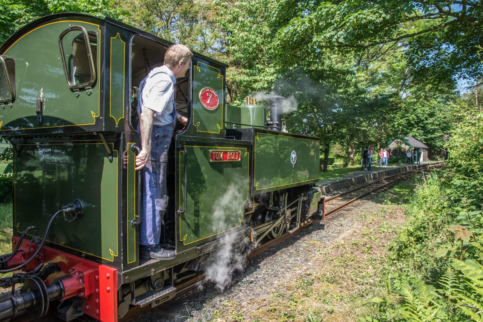 A locomotive being driven along the line through green trees