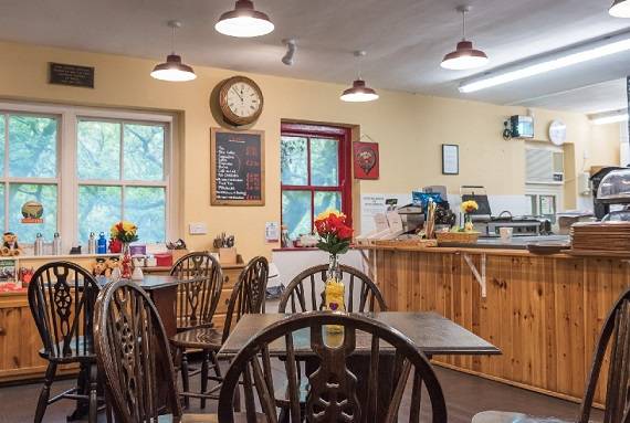 Tables and chairs arranged in the well lit cafe