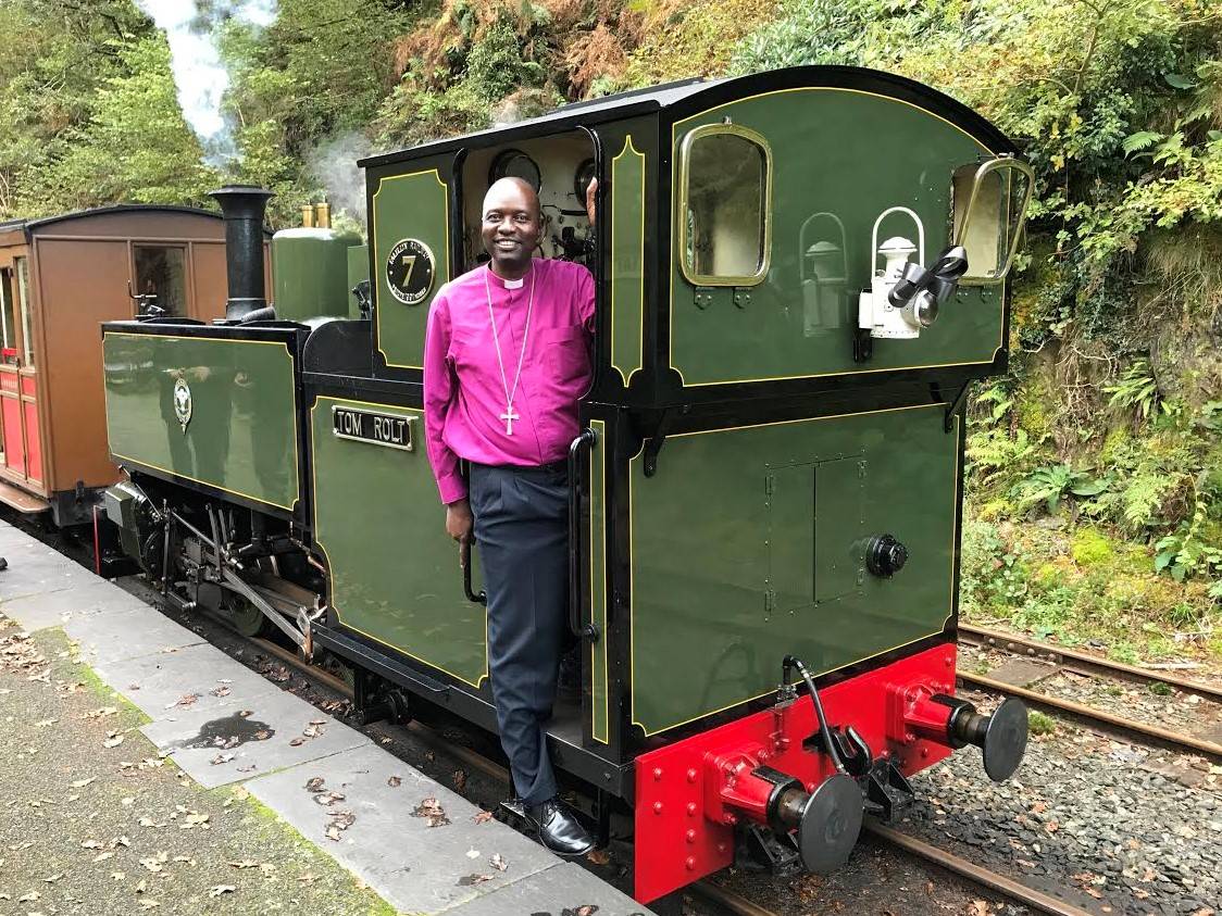 Right Reverend Cleophas Lunga, the Bishop of Matabeleland on the footplate of No 7 Tom Rolt.