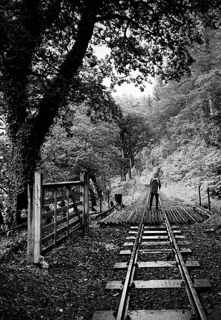 A child stood by an open wooden gate.